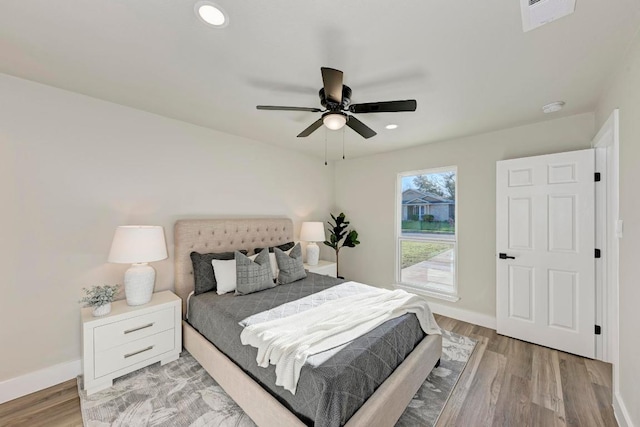 bedroom with visible vents, recessed lighting, baseboards, and light wood-style floors