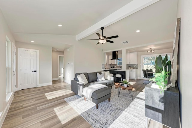 living room with lofted ceiling with beams, visible vents, baseboards, and light wood finished floors