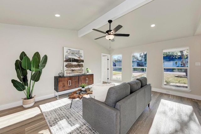 living area featuring lofted ceiling with beams, wood finished floors, recessed lighting, baseboards, and ceiling fan