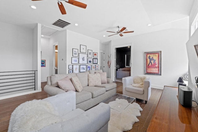 living room featuring a ceiling fan, visible vents, attic access, recessed lighting, and hardwood / wood-style flooring