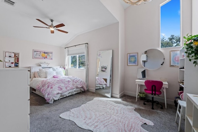 carpeted bedroom featuring visible vents, baseboards, lofted ceiling, and a ceiling fan