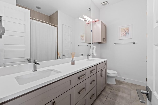 full bath with a sink, visible vents, toilet, and double vanity