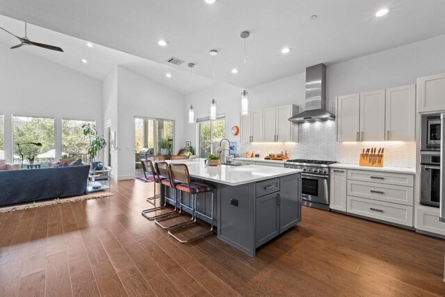 1006 Meriden Ln, Austin, TX 78703 - kitchen with appliances with stainless steel finishes, wall chimney range hood, high vaulted ceiling, light countertops, and gray cabinetry