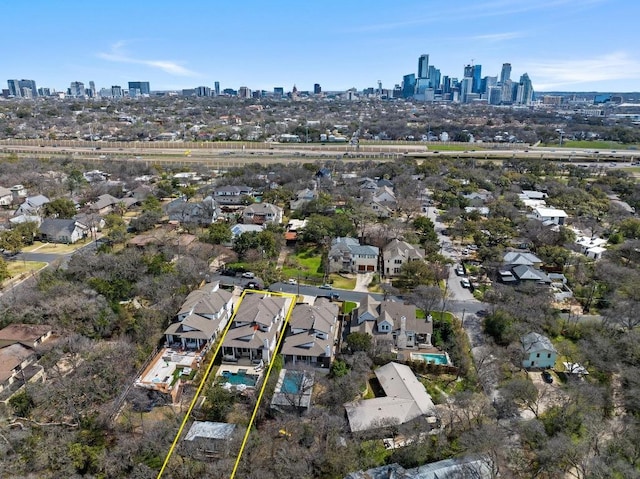 1006 Meriden Ln, Austin, TX 78703 - aerial view of property's location featuring city skyline, property parcel outlined, and nearby suburban area