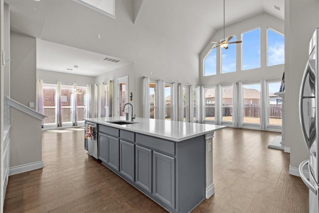 kitchen with visible vents, open floor plan, gray cabinets, stainless steel appliances, and a sink