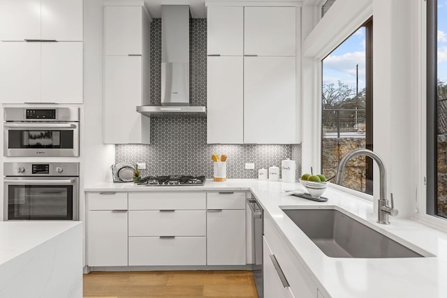 kitchen featuring appliances with stainless steel finishes, modern cabinets, wall chimney exhaust hood, and a sink