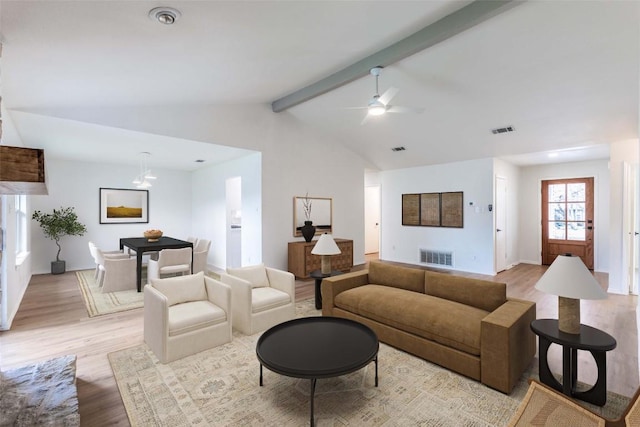 living area featuring visible vents, lofted ceiling with beams, and light wood-type flooring