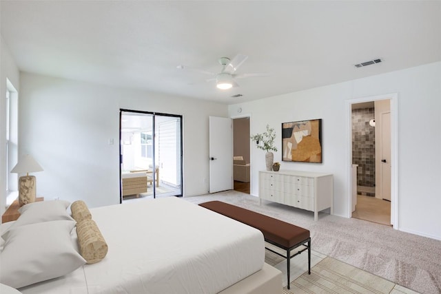 bedroom featuring visible vents, ceiling fan, light carpet, ensuite bath, and access to outside