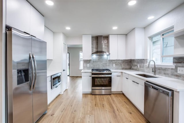 kitchen featuring a sink, wall chimney range hood, appliances with stainless steel finishes, white cabinetry, and modern cabinets