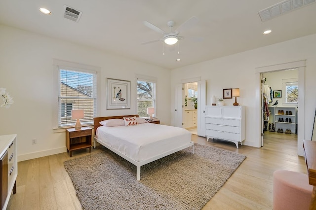 bedroom with visible vents, recessed lighting, baseboards, and light wood-style floors