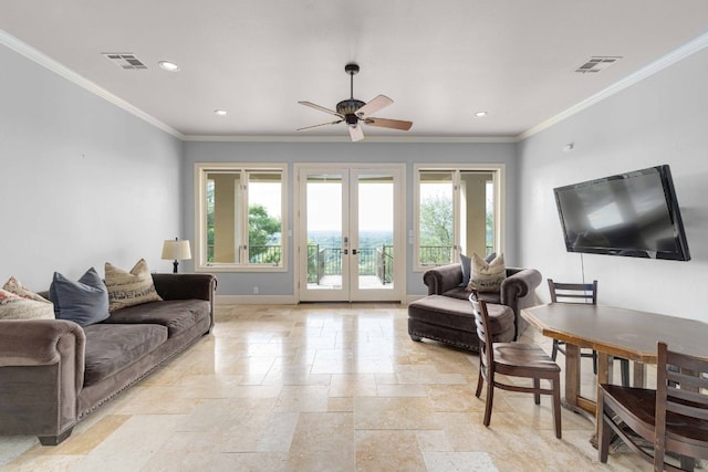 9104 Atwater Cv, Austin, TX 78733 - living room with french doors, healthy amount of natural light, recessed lighting, baseboards, and a ceiling fan