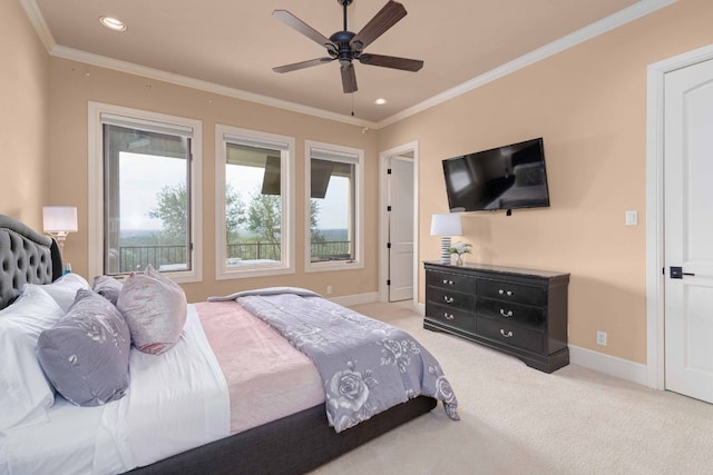 9104 Atwater Cv, Austin, TX 78733 - carpeted bedroom featuring multiple windows, baseboards, ornamental molding, recessed lighting, and a ceiling fan