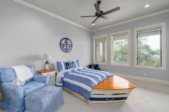 9104 Atwater Cv, Austin, TX 78733 - bedroom featuring carpet floors, ornamental molding, recessed lighting, and ceiling fan