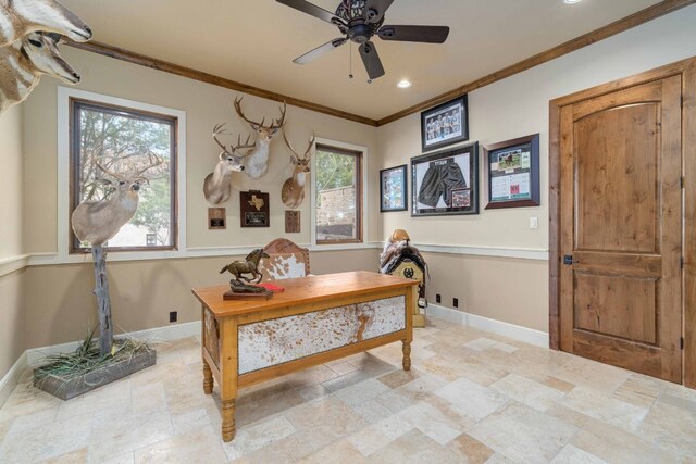 9104 Atwater Cv, Austin, TX 78733 - office area featuring baseboards, crown molding, stone tile flooring, a ceiling fan, and recessed lighting