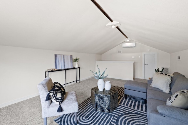 living area with visible vents, baseboards, carpet flooring, and vaulted ceiling