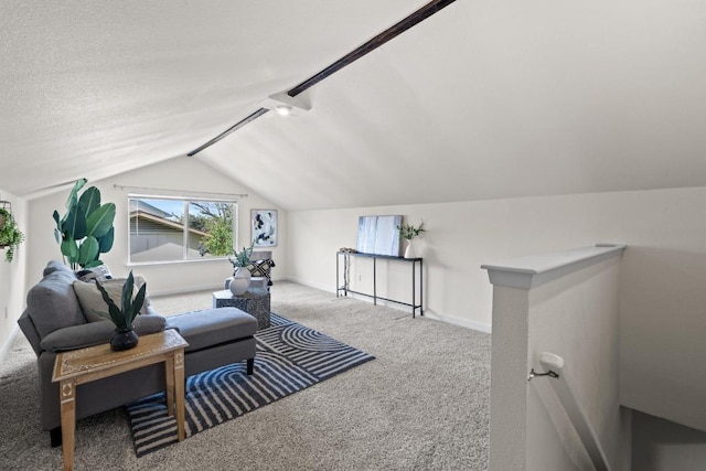 interior space with a textured ceiling, baseboards, and vaulted ceiling