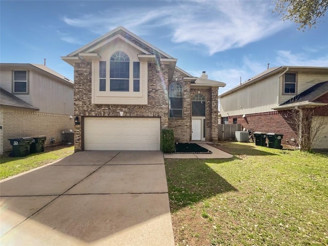 traditional-style house with driveway, an attached garage, central AC, a front lawn, and brick siding