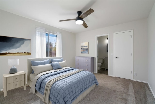 304 Watergate Way, Hutto, TX 78634 - carpeted bedroom featuring ensuite bath, a ceiling fan, and baseboards