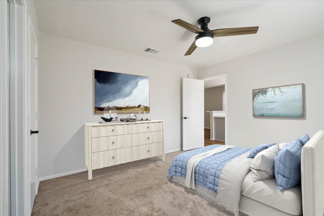 304 Watergate Way, Hutto, TX 78634 - bedroom featuring light carpet, visible vents, a ceiling fan, and baseboards