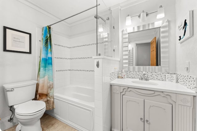 full bathroom with tile patterned floors, shower / bathtub combination with curtain, toilet, backsplash, and vanity