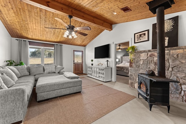 living room with a wood stove, wood ceiling, visible vents, and ceiling fan