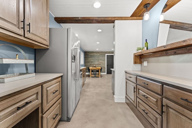 kitchen with beamed ceiling, recessed lighting, light countertops, and open shelves