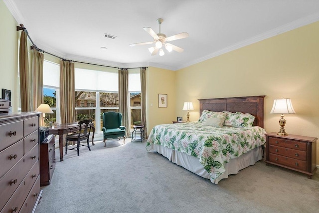 bedroom featuring access to exterior, visible vents, crown molding, carpet, and a ceiling fan