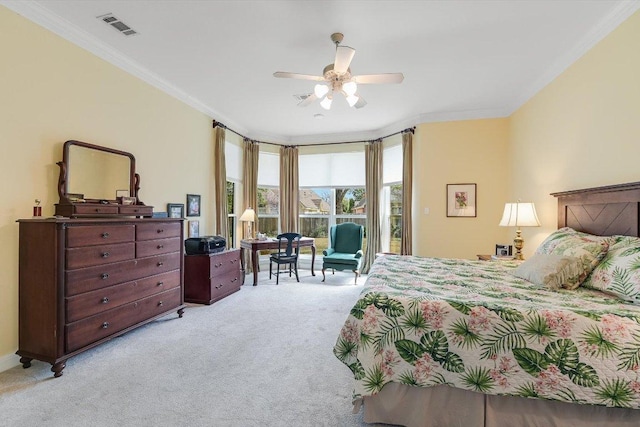 bedroom featuring a ceiling fan, visible vents, crown molding, access to outside, and carpet flooring