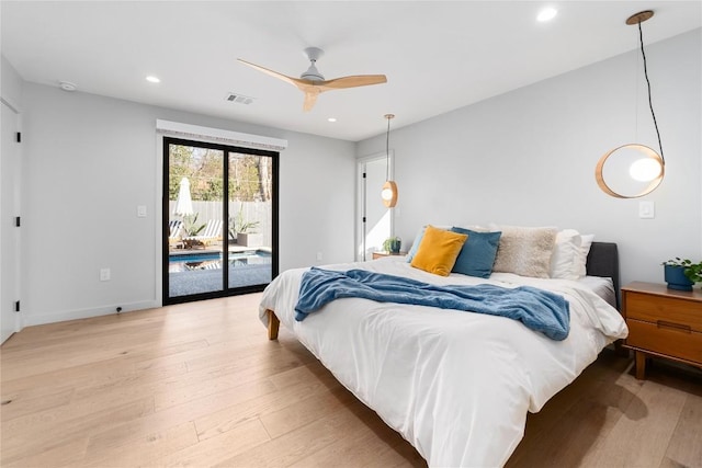 bedroom with access to exterior, baseboards, recessed lighting, light wood-style flooring, and a ceiling fan