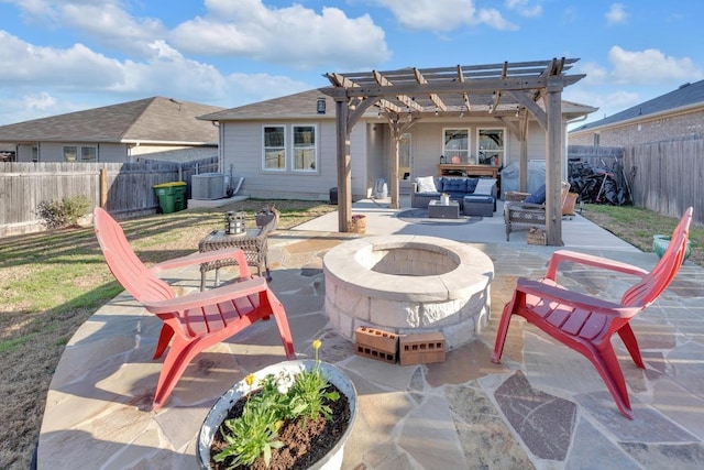 19425 Abigail Fillmore Rd, Manor, TX 78653 - fenced backyard featuring an outdoor living space with a fire pit, a pergola, a patio area, and central AC