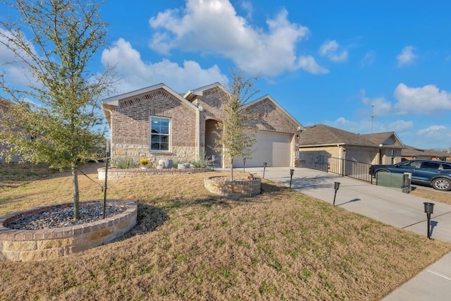 ranch-style house featuring a front yard, brick siding, concrete driveway, and an attached garage