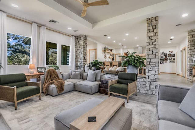 living area with visible vents, light wood-style flooring, decorative columns, recessed lighting, and ceiling fan