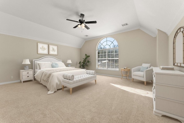 bedroom with baseboards, visible vents, lofted ceiling, ceiling fan, and light carpet