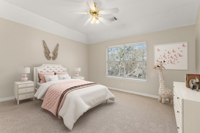 bedroom with visible vents, baseboards, lofted ceiling, ceiling fan, and light colored carpet