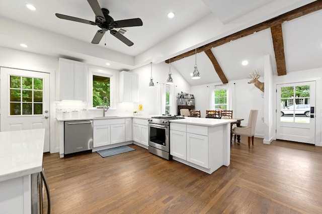 2003 Indian Trl, Austin, TX 78703 - kitchen with stainless steel appliances, a peninsula, light countertops, white cabinetry, and decorative light fixtures