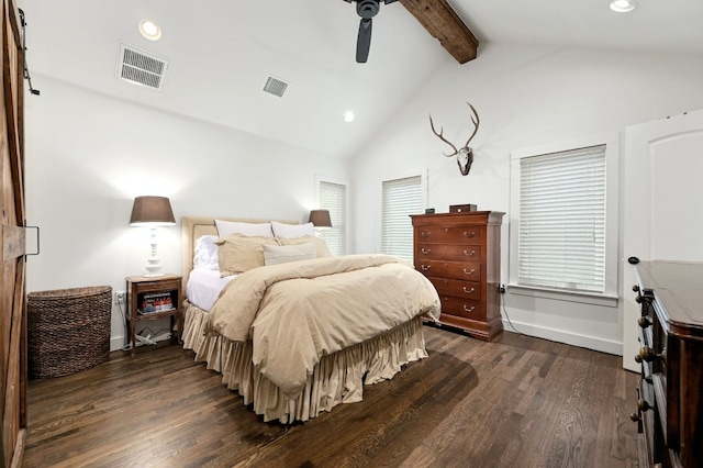 bedroom featuring visible vents, a ceiling fan, lofted ceiling with beams, dark wood-style floors, and recessed lighting