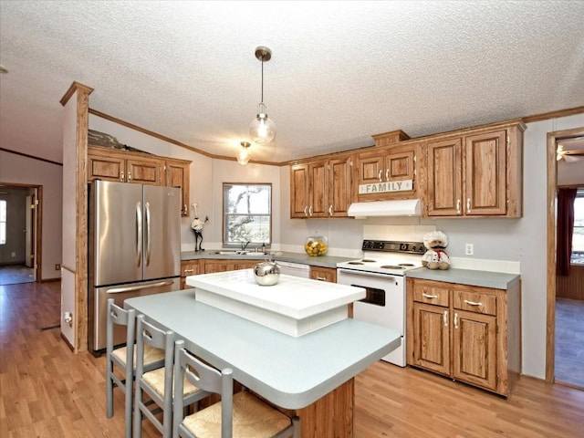 kitchen featuring white electric stove, light wood-type flooring, freestanding refrigerator, and a sink