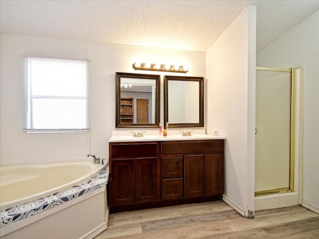 full bathroom featuring a sink, wood finished floors, and a shower stall