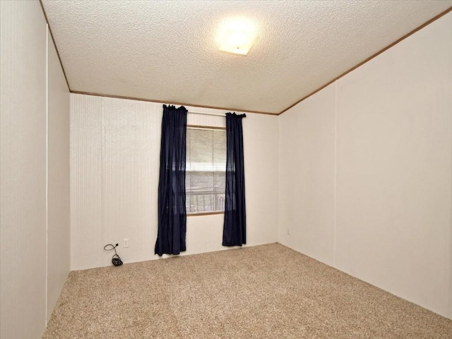 carpeted spare room with a textured ceiling and crown molding