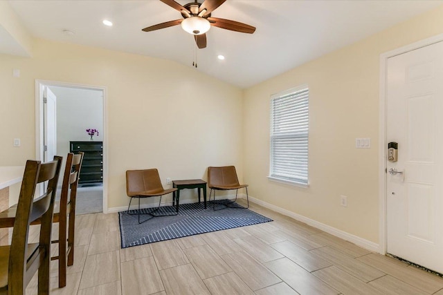 1705 E 14th St Unit B, Austin, TX 78702 - sitting room with ceiling fan, vaulted ceiling, baseboards, recessed lighting, and wood finish floors