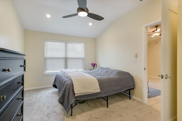 1705 E 14th St Unit B, Austin, TX 78702 - bedroom with light carpet, baseboards, ceiling fan, vaulted ceiling, and recessed lighting