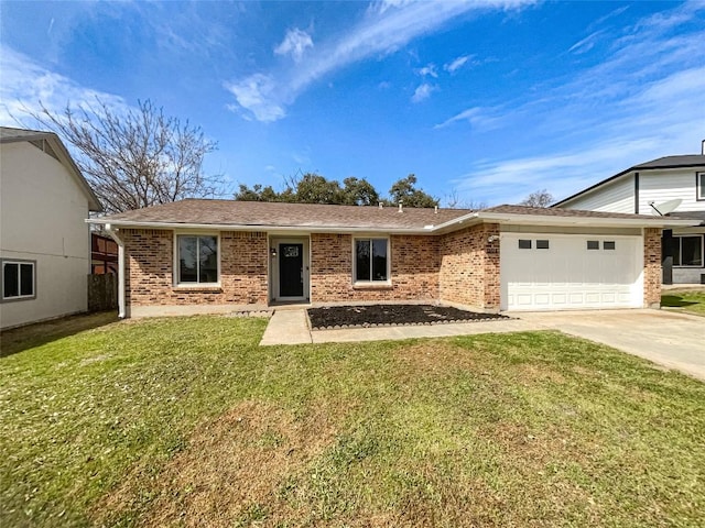 ranch-style home with brick siding, a garage, concrete driveway, and a front lawn