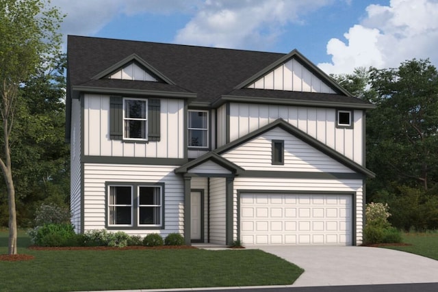 view of front of house with a garage, board and batten siding, concrete driveway, and a front yard