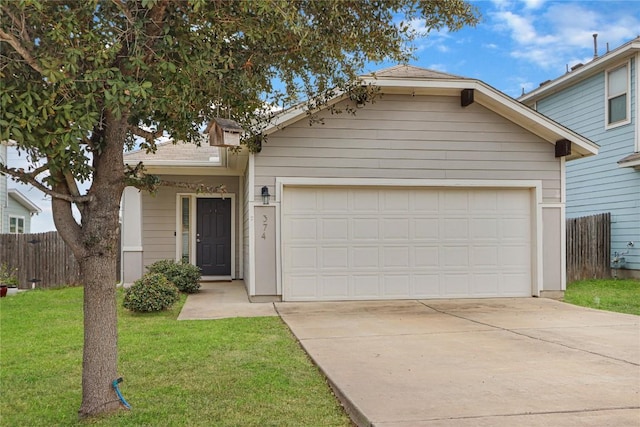 single story home with a front yard, an attached garage, fence, and concrete driveway