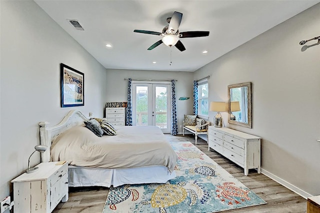 bedroom with visible vents, french doors, light wood finished floors, baseboards, and access to exterior