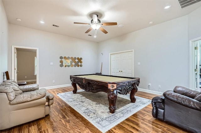 4514 Harvey Penick Dr, Round Rock, TX 78664 - recreation room with a ceiling fan, billiards, wood finished floors, and recessed lighting