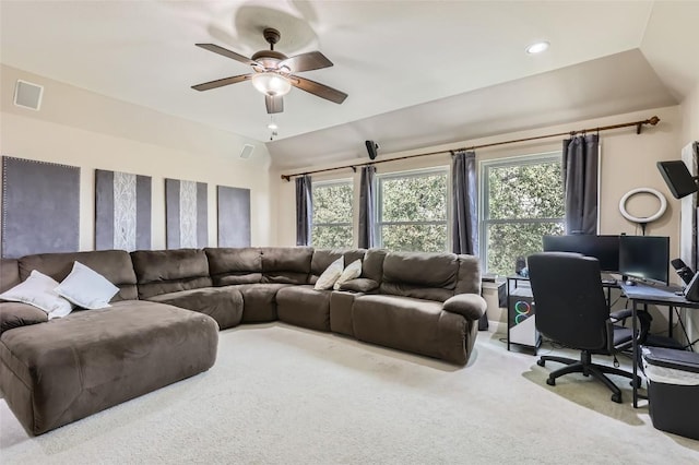 4514 Harvey Penick Dr, Round Rock, TX 78664 - carpeted living area featuring an office area, a ceiling fan, and recessed lighting