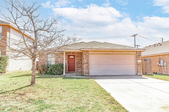 view of front facade featuring brick siding, driveway, an attached garage, and a front yard