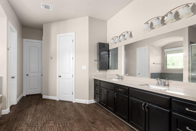 397 Arapaho Dr, Kyle, TX 78640 - bathroom with double vanity, visible vents, wood finished floors, and a sink