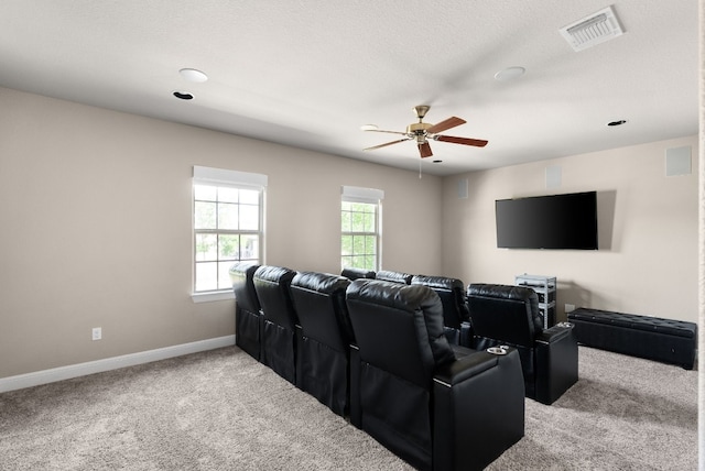397 Arapaho Dr, Kyle, TX 78640 - carpeted home theater featuring visible vents, baseboards, a textured ceiling, and ceiling fan